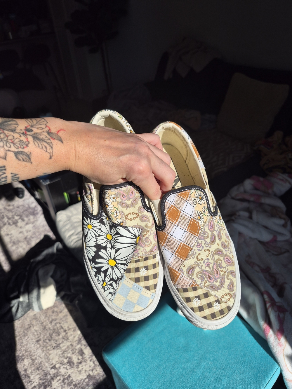 Vans Beige Multi Patchwork Slip-On Sneakers with Daisies